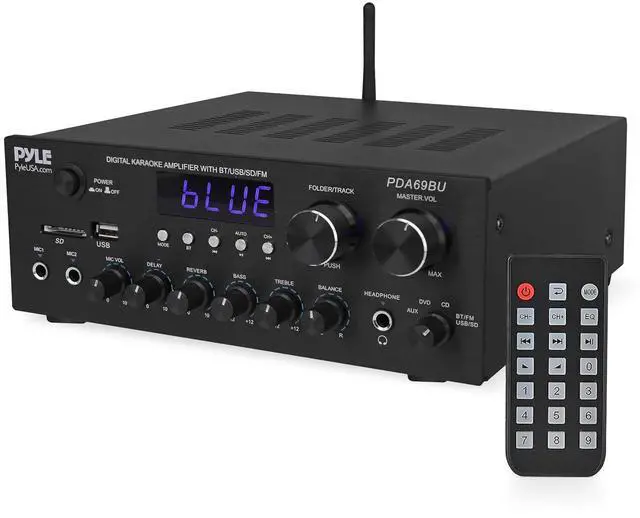 Main image of Pyle Home Karaoke Amplifier Receiver with Bluetooth Streaming, 200 Watt Peak, Dual Mic Inputs with Delay and Reverb, 2.0 Channel Hi Fi Sound System, USB-A Input w MP3 Player, RCA/Aux Inputs - PDA69BU