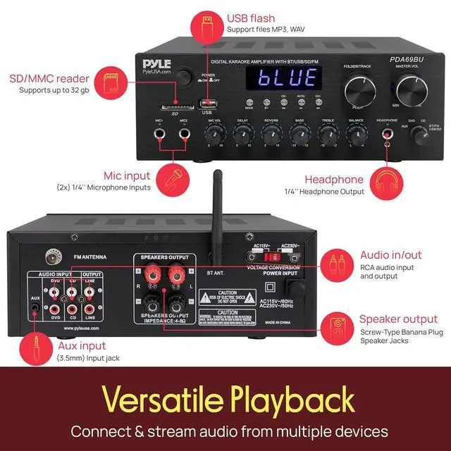 Alt view image 2 of 7 - Pyle Home Karaoke Amplifier Receiver with Bluetooth Streaming, 200 Watt Peak, Dual Mic Inputs with Delay and Reverb, 2.0 Channel Hi Fi Sound System, USB-A Input w MP3 Player, RCA/Aux Inputs - PDA69BU
