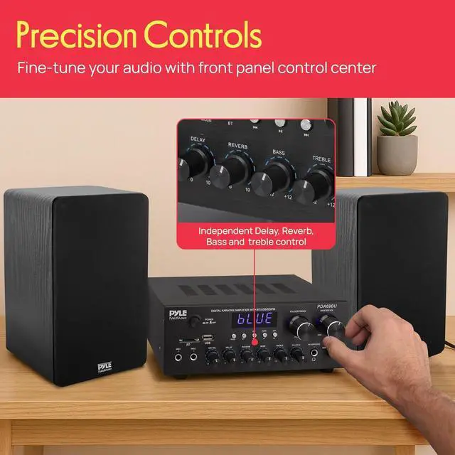 Alt view image 4 of 7 - Pyle Home Karaoke Amplifier Receiver with Bluetooth Streaming, 200 Watt Peak, Dual Mic Inputs with Delay and Reverb, 2.0 Channel Hi Fi Sound System, USB-A Input w MP3 Player, RCA/Aux Inputs - PDA69BU
