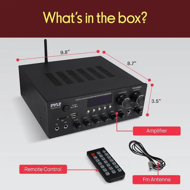 Alt view image 7 of 7 - Pyle Home Karaoke Amplifier Receiver with Bluetooth Streaming, 200 Watt Peak, Dual Mic Inputs with Delay and Reverb, 2.0 Channel Hi Fi Sound System, USB-A Input w MP3 Player, RCA/Aux Inputs - PDA69BU