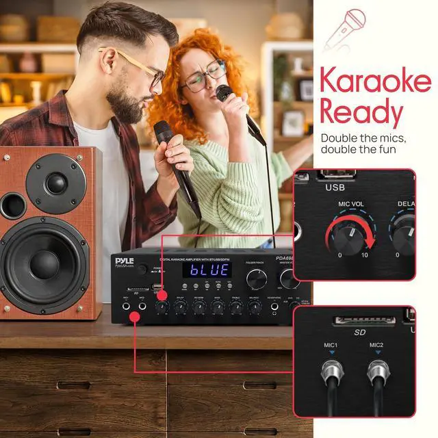 Alt view image 5 of 7 - Pyle Home Karaoke Amplifier Receiver with Bluetooth Streaming, 200 Watt Peak, Dual Mic Inputs with Delay and Reverb, 2.0 Channel Hi Fi Sound System, USB-A Input w MP3 Player, RCA/Aux Inputs - PDA69BU