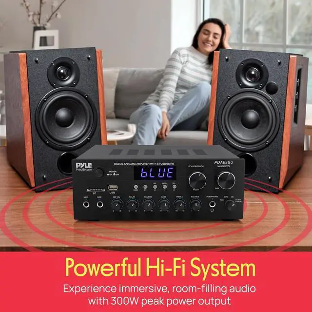 Alt view image 6 of 7 - Pyle Home Karaoke Amplifier Receiver with Bluetooth Streaming, 200 Watt Peak, Dual Mic Inputs with Delay and Reverb, 2.0 Channel Hi Fi Sound System, USB-A Input w MP3 Player, RCA/Aux Inputs - PDA69BU