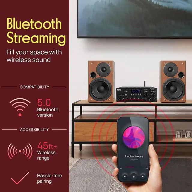 Alt view image 3 of 7 - Pyle Home Karaoke Amplifier Receiver with Bluetooth Streaming, 200 Watt Peak, Dual Mic Inputs with Delay and Reverb, 2.0 Channel Hi Fi Sound System, USB-A Input w MP3 Player, RCA/Aux Inputs - PDA69BU