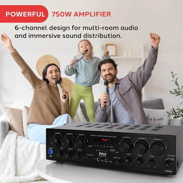 Alt view image 2 of 6 - Pyle Bluetooth Wireless Home Amplifier System - Upgraded 6 Channel Audio, 750 Watt Power, Easy Karaoke, Stereo Receiver w USB-A, Micro SD, Headphone, 2 Microphone Input w/Echo, Talkover for PA