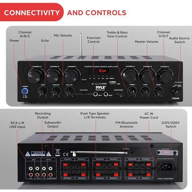 Alt view image 3 of 6 - Pyle Bluetooth Wireless Home Amplifier System - Upgraded 6 Channel Audio, 750 Watt Power, Easy Karaoke, Stereo Receiver w USB-A, Micro SD, Headphone, 2 Microphone Input w/Echo, Talkover for PA