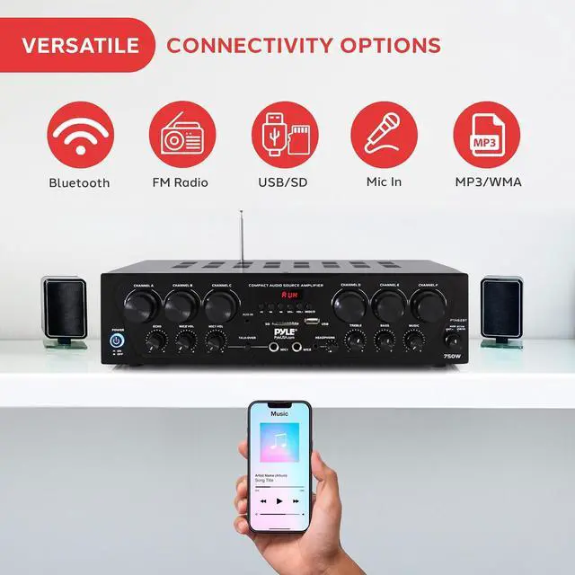 Alt view image 5 of 6 - Pyle Bluetooth Wireless Home Amplifier System - Upgraded 6 Channel Audio, 750 Watt Power, Easy Karaoke, Stereo Receiver w USB-A, Micro SD, Headphone, 2 Microphone Input w/Echo, Talkover for PA
