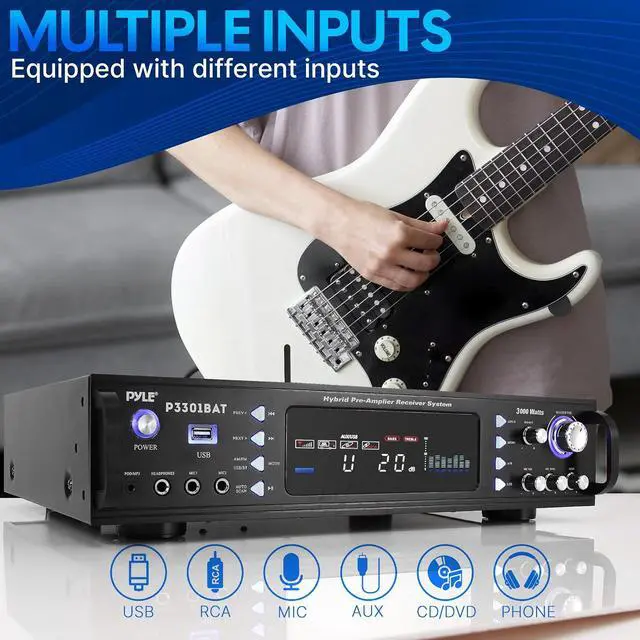 Alt view image 4 of 7 - Pyle Bluetooth Home Stereo Amplifier - Hybrid Multi-Channel 3000 Watt Power Amplifier Home Audio Receiver System w/ AM/FM Radio, MP3/USB,AUX,RCA Karaoke Mic in - Rack Mount, Remote - P3301BAT