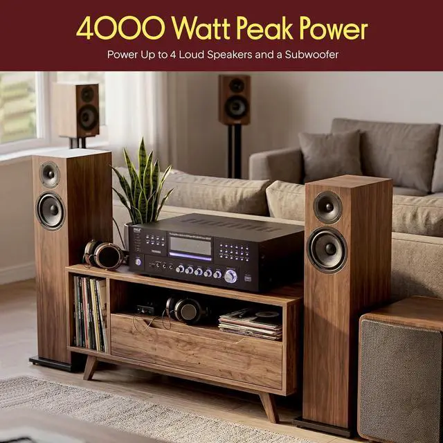 Alt view image 6 of 7 - Pyle 4 Channel Bluetooth Home Amplifier - Front Loading DVD/CD Player - 3000W Peak Stereo Receiver - 2 Mic Inputs w/ Echo, FM Radio,Optical In,USB,RCA,Composite, LED Level Meter, Rack Mount - PD3000BA