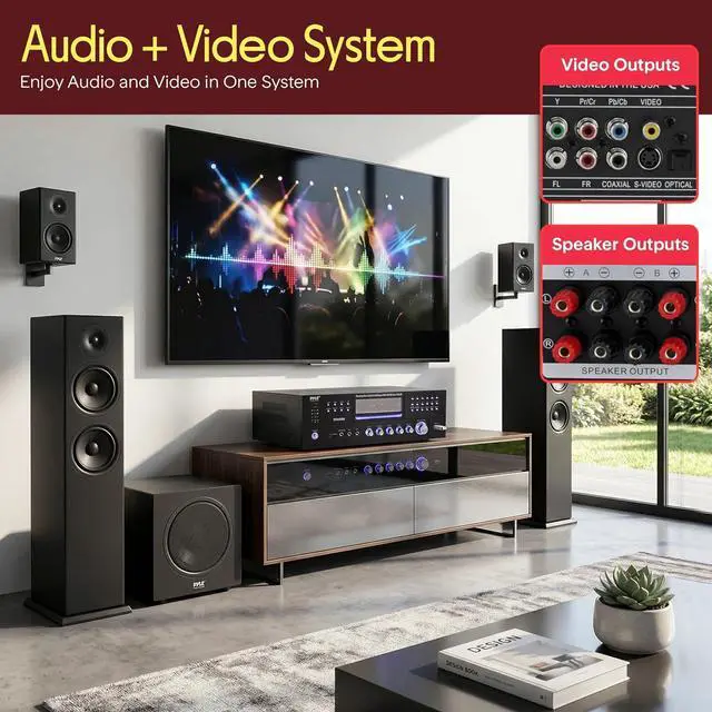 Alt view image 7 of 7 - Pyle 4 Channel Bluetooth Home Amplifier - Front Loading DVD/CD Player - 3000W Peak Stereo Receiver - 2 Mic Inputs w/ Echo, FM Radio,Optical In,USB,RCA,Composite, LED Level Meter, Rack Mount - PD3000BA