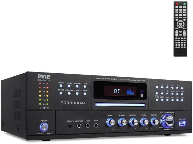 Main image of Pyle 3000W 4-Channel Wireless Bluetooth Amplifier - Stereo Receiver with Front CD/DVD Player, FM Radio, Hi Def Input, Aux, RCA, USB, 2 Mic Inputs w/Echo, Subwoofer Out - Rack Mount