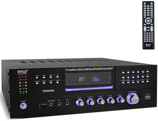 Main image of Pyle 4 Channel Bluetooth Home Amplifier - Front Loading DVD/CD Player - 3000W Peak Stereo Receiver - 2 Mic Inputs w/ Echo, FM Radio,Optical In,USB,RCA,Composite, LED Level Meter, Rack Mount - PD3000BA