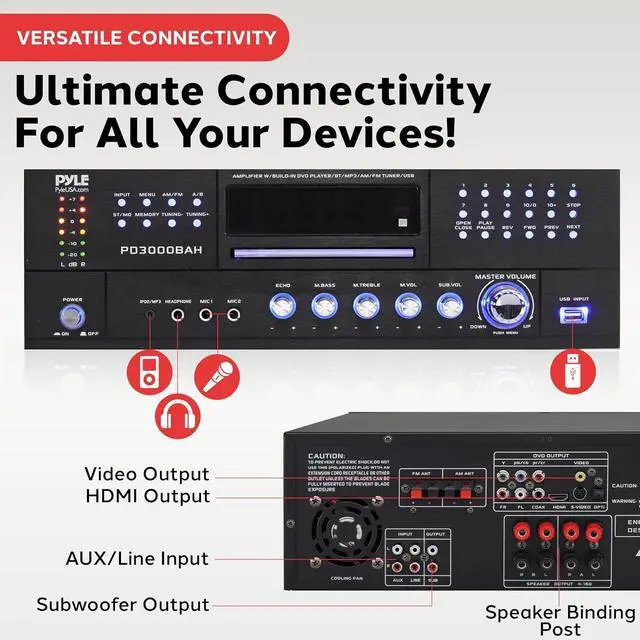 Alt view image 3 of 7 - Pyle Home Theater Amplifier - 4000 Watt Wireless BT Streaming Audio/Video Receiver System with CD/DVD Player, AM/FM Radio, HDMI, and MP3/USB Compatibility