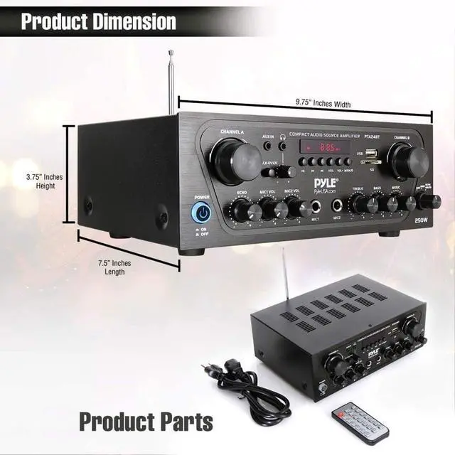 Alt view image 3 of 7 - Pyle 2-Channel Bluetooth Home Stereo Amplifier - 250W Wireless Audio Receiver, Karaoke Optimized: Dual Mic In with Echo, Mic Talk-Over, FM Radio, USB-A MP3 Player, RCA, AUX, Remote Ctrl - PTA24BT