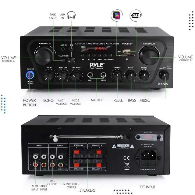 Alt view image 2 of 7 - Pyle 2-Channel Bluetooth Home Stereo Amplifier - 250W Wireless Audio Receiver, Karaoke Optimized: Dual Mic In with Echo, Mic Talk-Over, FM Radio, USB-A MP3 Player, RCA, AUX, Remote Ctrl - PTA24BT