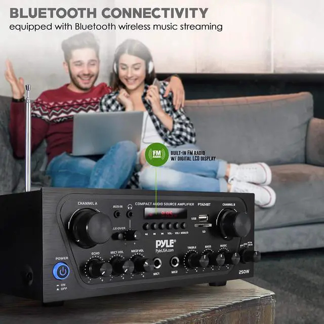 Alt view image 5 of 7 - Pyle 2-Channel Bluetooth Home Stereo Amplifier - 250W Wireless Audio Receiver, Karaoke Optimized: Dual Mic In with Echo, Mic Talk-Over, FM Radio, USB-A MP3 Player, RCA, AUX, Remote Ctrl - PTA24BT