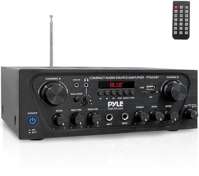 Main image of Pyle 2-Channel Bluetooth Home Stereo Amplifier - 250W Wireless Audio Receiver, Karaoke Optimized: Dual Mic In with Echo, Mic Talk-Over, FM Radio, USB-A MP3 Player, RCA, AUX, Remote Ctrl - PTA24BT