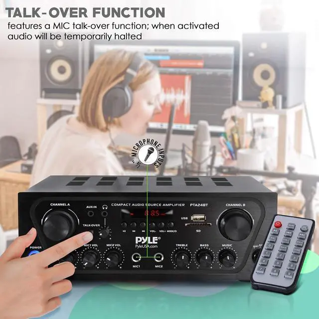 Alt view image 4 of 7 - Pyle 2-Channel Bluetooth Home Stereo Amplifier - 250W Wireless Audio Receiver, Karaoke Optimized: Dual Mic In with Echo, Mic Talk-Over, FM Radio, USB-A MP3 Player, RCA, AUX, Remote Ctrl - PTA24BT