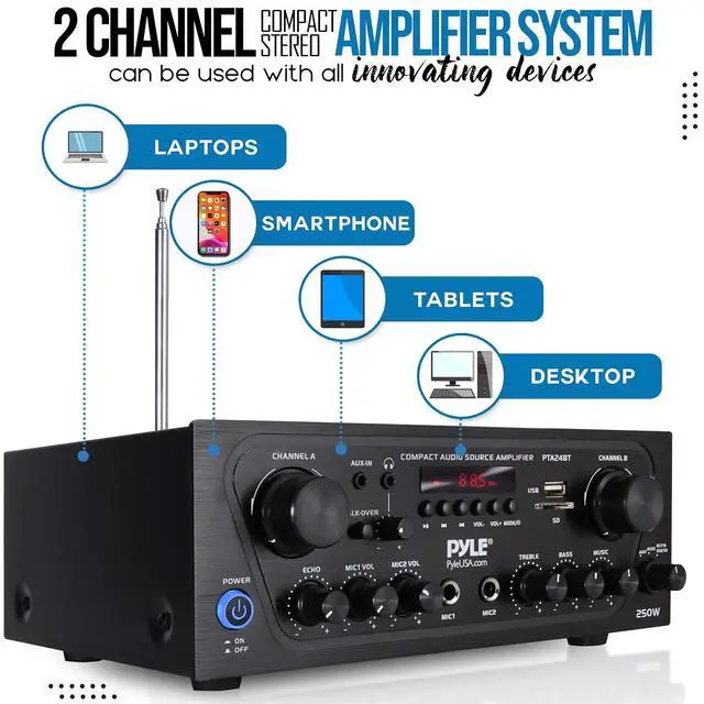 Alt view image 7 of 7 - Pyle 2-Channel Bluetooth Home Stereo Amplifier - 250W Wireless Audio Receiver, Karaoke Optimized: Dual Mic In with Echo, Mic Talk-Over, FM Radio, USB-A MP3 Player, RCA, AUX, Remote Ctrl - PTA24BT