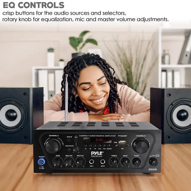 Alt view image 6 of 7 - Pyle 2-Channel Bluetooth Home Stereo Amplifier - 250W Wireless Audio Receiver, Karaoke Optimized: Dual Mic In with Echo, Mic Talk-Over, FM Radio, USB-A MP3 Player, RCA, AUX, Remote Ctrl - PTA24BT
