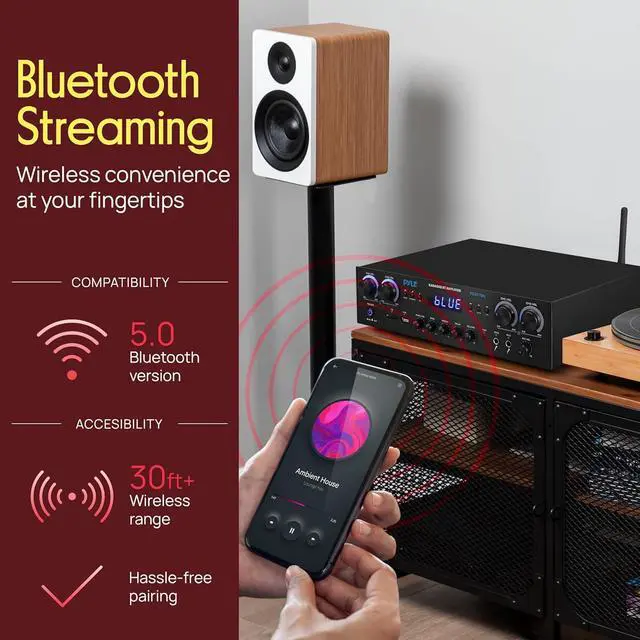 Alt view image 3 of 7 - Pyle Home Stereo Receiver with Bluetooth - 4 Channel Amplifier, 800 Watt Max, USB-A Input w MP3 Player, Easy Karaoke Setup with Mic Vol, Reverb and Delay, RCA in/Out, SD Card, FM Radio - PDA77BU