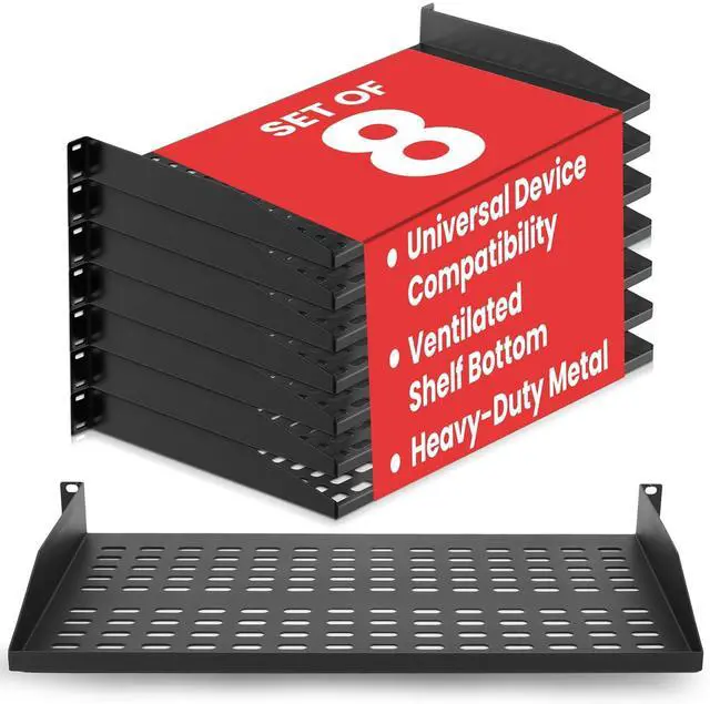 Main image of Pyle 19-Inch 1U Server Rack Shelf - 8 pcs. Vented Metal Shelves for Optimal Airflow, Wall or Rack MountableSupports up to 110 lbs, 17 x 10 Shelf Tray for Cabinets, Computers & Network Equipment