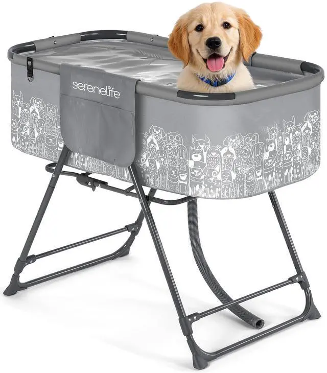 Main image of SereneLife Foldable Dog Bath Tub with Adjustable Height, 360° Access, Drain Hose & Storage Pockets 130 lb Capacity Grooming Station for Indoor/Outdoor Use (Gray)