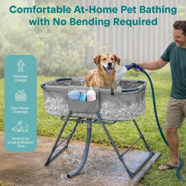 Alt view image 2 of 7 - SereneLife Foldable Dog Bath Tub with Adjustable Height, 360° Access, Drain Hose & Storage Pockets 130 lb Capacity Grooming Station for Indoor/Outdoor Use (Gray)