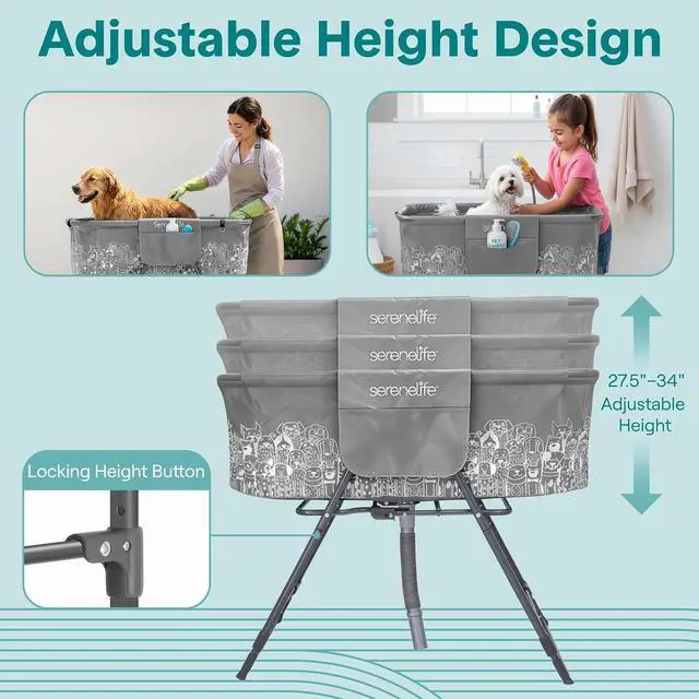 Alt view image 4 of 7 - SereneLife Foldable Dog Bath Tub with Adjustable Height, 360° Access, Drain Hose & Storage Pockets 130 lb Capacity Grooming Station for Indoor/Outdoor Use (Gray)