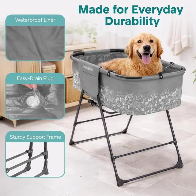 Alt view image 6 of 7 - SereneLife Foldable Dog Bath Tub with Adjustable Height, 360° Access, Drain Hose & Storage Pockets 130 lb Capacity Grooming Station for Indoor/Outdoor Use (Gray)