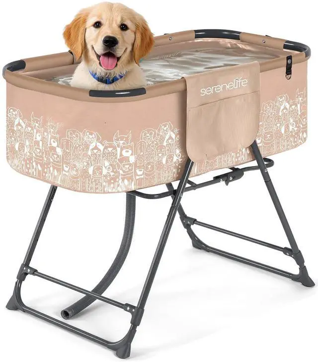 Main image of SereneLife Foldable Dog Bath Tub with Adjustable Height, 360° Access, Drain Hose & Storage Pockets 130 lb Capacity Grooming Station for Indoor/Outdoor Use (Beige)