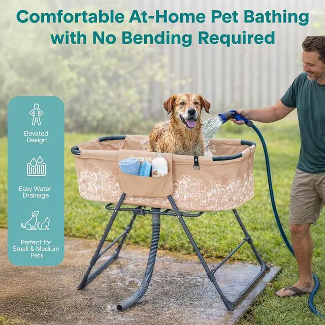 Alt view image 2 of 7 - SereneLife Foldable Dog Bath Tub with Adjustable Height, 360° Access, Drain Hose & Storage Pockets 130 lb Capacity Grooming Station for Indoor/Outdoor Use (Beige)