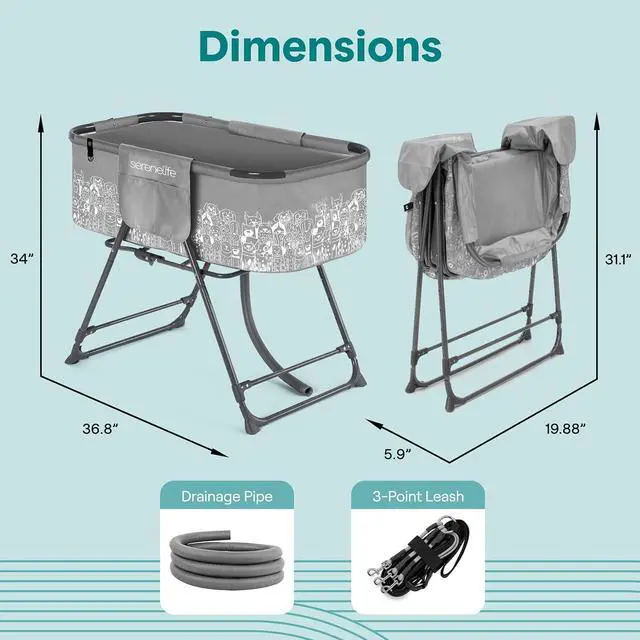 Alt view image 7 of 7 - SereneLife Foldable Dog Bath Tub with Adjustable Height, 360° Access, Drain Hose & Storage Pockets 130 lb Capacity Grooming Station for Indoor/Outdoor Use (Gray)