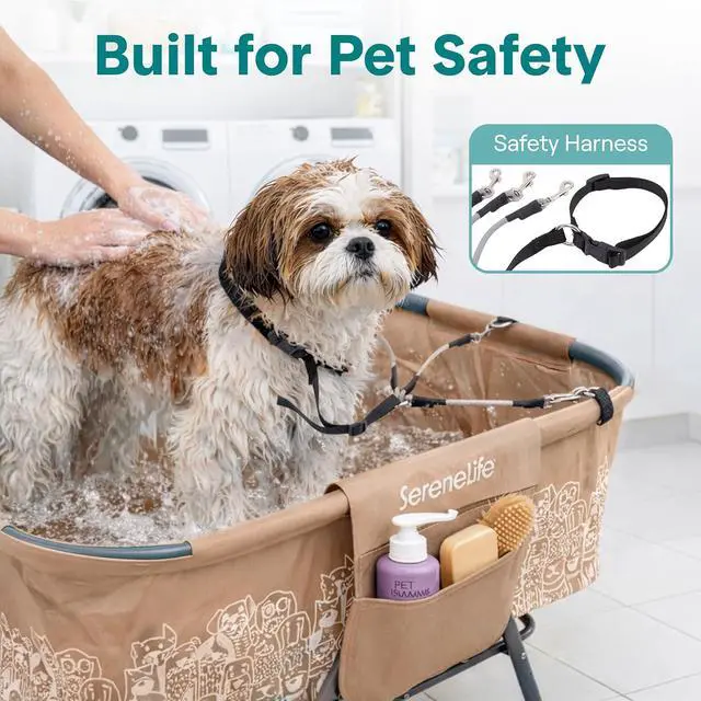 Alt view image 5 of 7 - SereneLife Foldable Dog Bath Tub with Adjustable Height, 360° Access, Drain Hose & Storage Pockets 130 lb Capacity Grooming Station for Indoor/Outdoor Use (Beige)