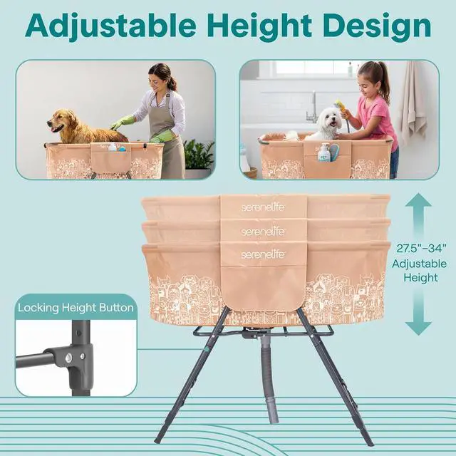 Alt view image 4 of 7 - SereneLife Foldable Dog Bath Tub with Adjustable Height, 360° Access, Drain Hose & Storage Pockets 130 lb Capacity Grooming Station for Indoor/Outdoor Use (Beige)