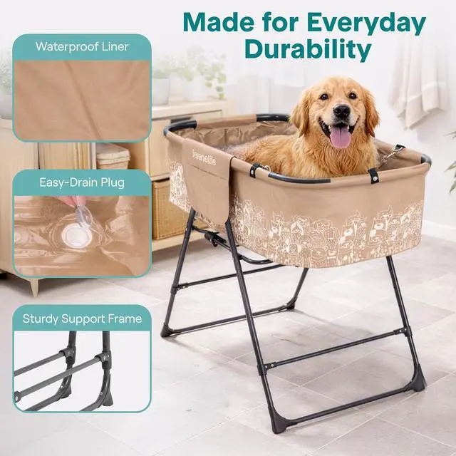 Alt view image 6 of 7 - SereneLife Foldable Dog Bath Tub with Adjustable Height, 360° Access, Drain Hose & Storage Pockets 130 lb Capacity Grooming Station for Indoor/Outdoor Use (Beige)