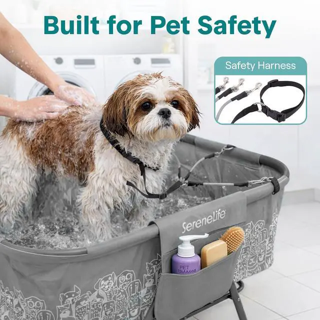 Alt view image 5 of 7 - SereneLife Foldable Dog Bath Tub with Adjustable Height, 360° Access, Drain Hose & Storage Pockets 130 lb Capacity Grooming Station for Indoor/Outdoor Use (Gray)