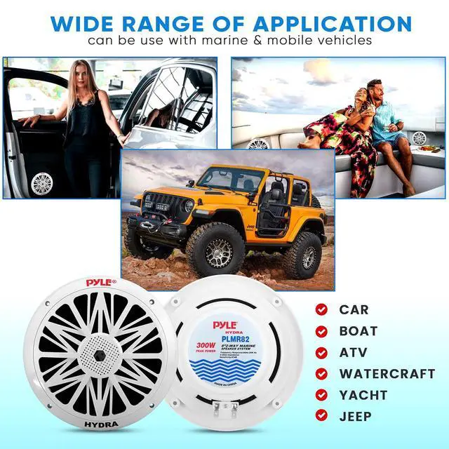 Alt view image 6 of 7 - Pyle Marine Speakers, Waterproof, Weather Resistant, 8 Inch Dual, 10 Inch Outer Frame, 300 Watt Power, Poly Carbon Cone, Cloth Surround, Includes Mounting Hardware and Wires, White, PLMR82