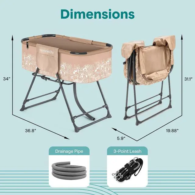 Alt view image 7 of 7 - SereneLife Foldable Dog Bath Tub with Adjustable Height, 360° Access, Drain Hose & Storage Pockets 130 lb Capacity Grooming Station for Indoor/Outdoor Use (Beige)