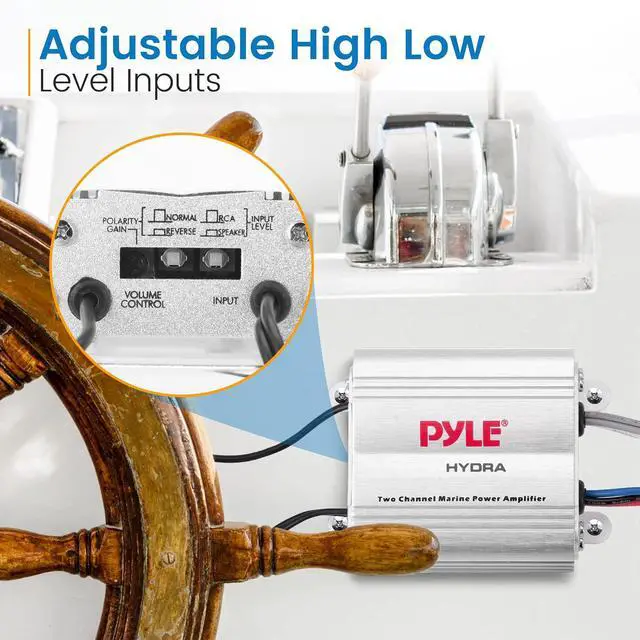 Alt view image 5 of 7 - Pyle Hydra Marine Amplifier - Upgraded Elite Series 400 Watt 2 Channel Micro Amplifier - Waterproof, GAIN Level Controls, RCA Stereo Input, 3.5mm Jack & Volume Control (PLMRMP1A)