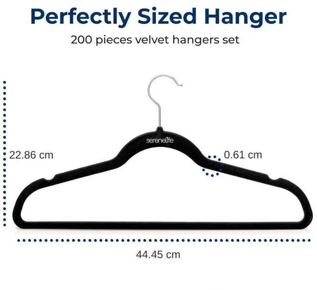 Alt view image 2 of 7 - SereneLife Velvet Hangers 200 Pack, Slim & Space Saving for Closets | Soft velvet grip prevents slipping on silk, satin & knitwear 360° swivel hook fits all standard closet rods