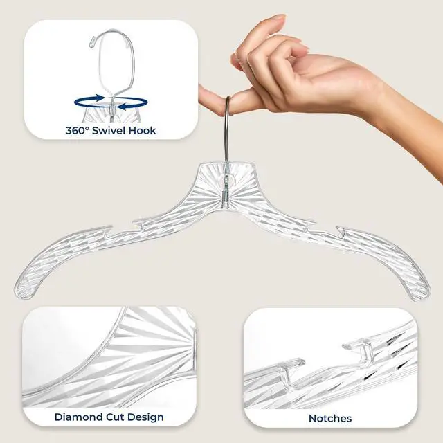 Alt view image 7 of 7 - SereneLife 100 Pack Transparent Plastic Hangers, Crystal Clear, Non-Slip with Notched Shoulders, Ultra-Thin Space Saving, Closet & Retail Use, with Swivel Hook for Clothes, Shirts, Dresses, Jackets