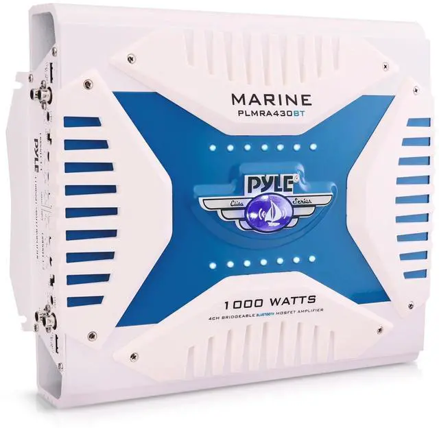 Main image of 2.1 Bluetooth Marine Amplifier Receiver - Waterproof 4 Channel Wireless Bridgeable Audio Amp for Stereo Speaker with 1000 Watt Power Dual MOSFET Supply, GAIN Level and LED Indicator - Pyle PLMRA430BT
