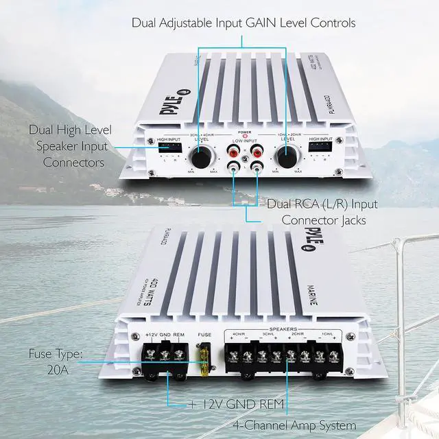 Alt view image 5 of 7 - Pyle 4-Channel Marine Amplifier - 400W Elite Hydra Series Water Resistant Amplifier with Dual MOSFET Power Supply, RCA Connectivity with Level Control, LED Indicator, Fuse Protection - PLMRA400.5