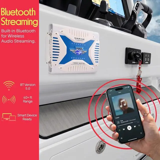 Alt view image 2 of 7 - 2.1 Bluetooth Marine Amplifier Receiver - Waterproof 4 Channel Wireless Bridgeable Audio Amp for Stereo Speaker with 1000 Watt Power Dual MOSFET Supply, GAIN Level and LED Indicator - Pyle PLMRA430BT
