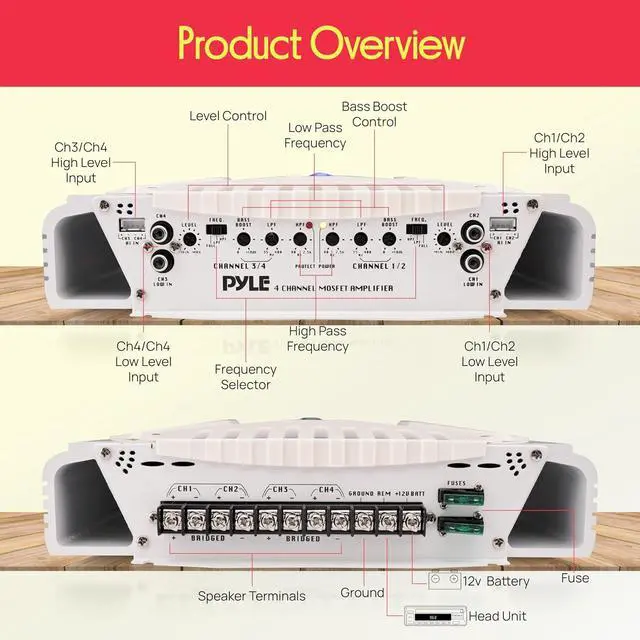 Alt view image 3 of 7 - 2.1 Bluetooth Marine Amplifier Receiver - Waterproof 4 Channel Wireless Bridgeable Audio Amp for Stereo Speaker with 1000 Watt Power Dual MOSFET Supply, GAIN Level and LED Indicator - Pyle PLMRA430BT
