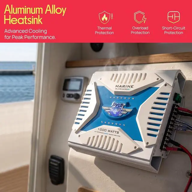 Alt view image 4 of 7 - 2.1 Bluetooth Marine Amplifier Receiver - Waterproof 4 Channel Wireless Bridgeable Audio Amp for Stereo Speaker with 1000 Watt Power Dual MOSFET Supply, GAIN Level and LED Indicator - Pyle PLMRA430BT