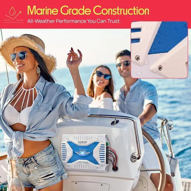 Alt view image 5 of 7 - 2.1 Bluetooth Marine Amplifier Receiver - Waterproof 4 Channel Wireless Bridgeable Audio Amp for Stereo Speaker with 1000 Watt Power Dual MOSFET Supply, GAIN Level and LED Indicator - Pyle PLMRA430BT
