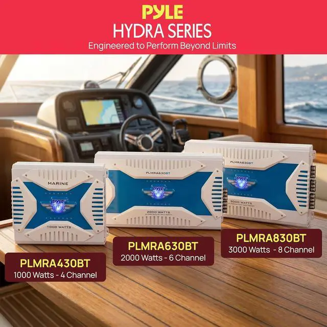 Alt view image 7 of 7 - Pyle Hydra Marine Amplifier - Upgraded Elite Series 3000 Watt 8 Channel Bridgeable Amp Tri-Mode Configurable, Waterproof, MOSFET Power Supply, GAIN Level Controls and RCA Stereo Input - PLMRA830BT