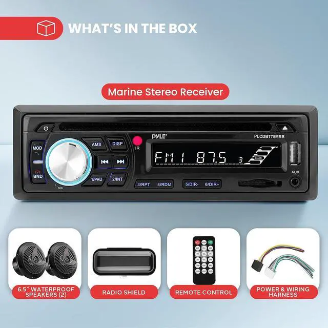 Alt view image 2 of 7 - Pyle Marine Stereo Radio Receiver Speaker Kit - 200W Wireless Receiver and 150W Waterproof 6.5 Speakers, Hands-Free Talking, CD/MP3/USB/SD Player, AM/FM Radio, for Boat & Off-Road Vehicles