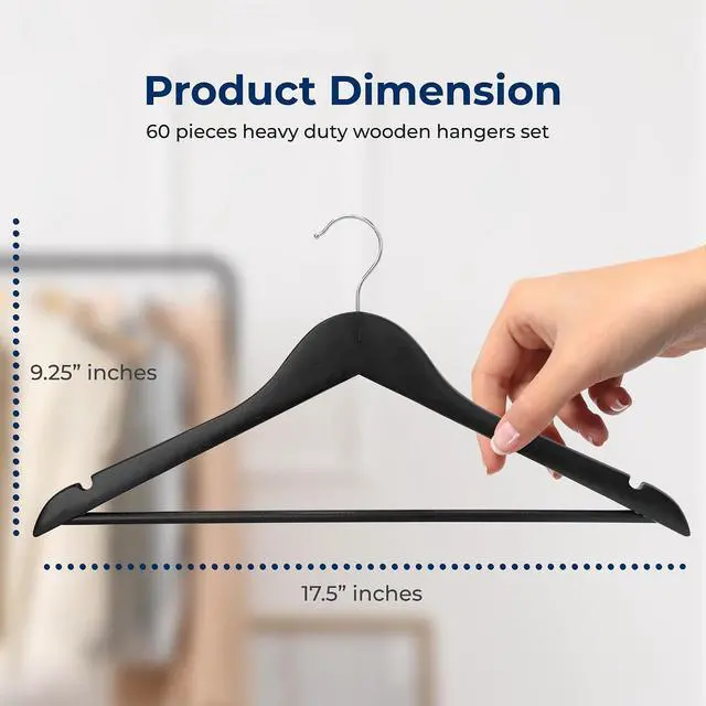 Alt view image 2 of 7 - SereneLife 60-Pack Premium Black Wooden Suit Hangers Heavy-Duty Solid Wood Coat Hangers with 360° Chrome Swivel Hook & Notches Space-Saving, Non-Slip Design for Shirts, Jackets & Dresses